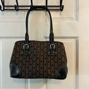 Fossil Black Brown Canvas Leatherlike Trim Shoulder Hand Bag Signature Monogram
